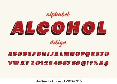 alphabet font, typeface vector, red and white style background name alcohol