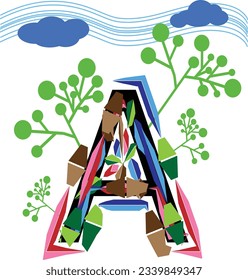 Alphabet or font typography of nature tree and sky, growing, knowledge, ecology, environment of forest idea. Vector illustration.