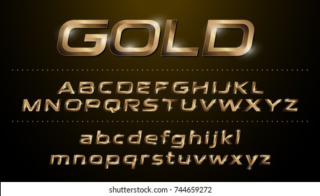 Alphabet fonts. Metallic, golden effect italic letters on a dark background. alphabet vector typeface glowing text effect. ABC, Gold lowercase and uppercase letters