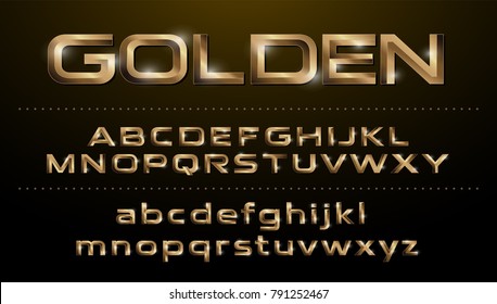 Alphabet Fonts. Metallic Set, Golden Effect Regular Letters On A Dark Background. Alphabet Vector Typeface Glowing Text Effect. ABC, Gold Lowercase And Uppercase Letters