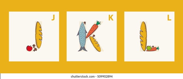 Alphabet of food. Vegetables, fruit, healthy food. Children's Alphabet. J, K, L