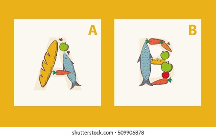 Alphabet of food. Vegetables, fruit, healthy food. Children's Alphabet. A, B