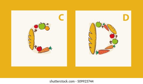 Alphabet of food. Vegetables, fruit, healthy food. Children's Alphabet. C,D