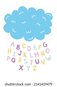 alphabet in the form of a cloud with drops of letters. Educational poster for kids room. Poster with the alphabet in the form of a cloud