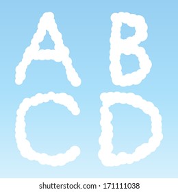 Alphabet in the form of clouds on a blue background. Letter A, B, C, D.