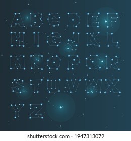 Alphabet in the form of a constellation. Bright cosmic letters from stars. ABC Vector.