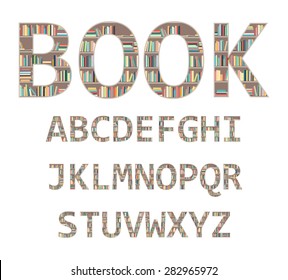 The alphabet in the form of shelves with books.