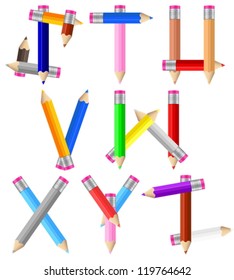 Alphabet formed by pencils from S to Z on a white background. Vector illustration.