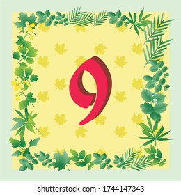 alphabet with a frame of green leaves number 9
