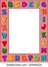 Alphabet Frame, multi color alphabet, red gingham frame background. Copy space for your text or art . For school, daycare announcements, posters, fliers, scrapbooks. EPS8 compatible.