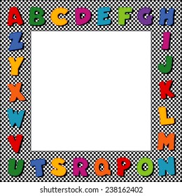 Alphabet Frame, original design multi color letters, black gingham check border background with square copy space for school announcements, posters, fliers, scrap books, albums. EPS8 compatible.