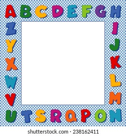 Alphabet Frame, original design multicolor letters, blue gingham check border background with square copy space for school announcements, posters, fliers, scrap books, baby albums. EPS8 compatible.