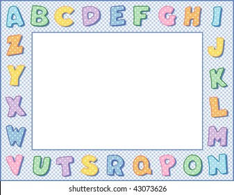 Alphabet Frame, pastel blue gingham check border, copy space for education, kindergarten, nursery school, back to school announcement, posters, fliers, stationery, scrapbooks, albums. EPS8 compatible.