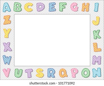 Alphabet Frame, pastel letters, gingham check border, copy space for education, kindergarten, nursery school, back to school posters, fliers, stationery, scrapbooks, albums. EPS8 compatible.