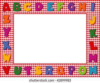 Alphabet Frame, red gingham check border, multi color letters. Copy space for education, literacy, back to school announcements, posters, fliers, stationery, scrapbooks and albums. EPS8 compatible.