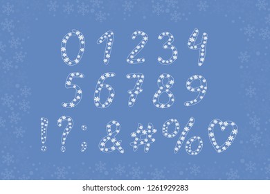 Alphabet frozen design with snowflakes. Numbers and punctuation marks. EPS 10