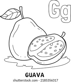 alphabet fruit guava for coloring with word, hand drawn letter fruit cartoon