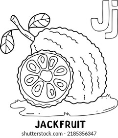 alphabet fruit jackfruit for coloring with word, hand drawn letter fruit cartoon