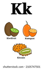Alphabet with fruit names. Fruit collection card with letter K, namely kiwifruit, kumquat, and kiwano. Children's learning card to recognize fruit names.