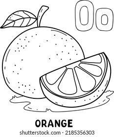 alphabet fruit orange for coloring with word, hand drawn letter fruit cartoon