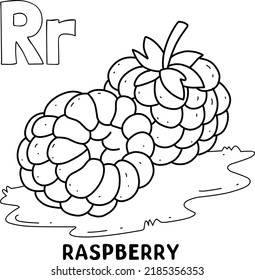 alphabet fruit raspberry for coloring with word, hand drawn letter fruit cartoon