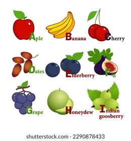 Alphabet and Fruit Vector Set From A to I Illustration Education for children, preschool, cute, poster Hand Drawn