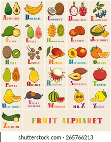 Alphabet & Fruit Vector Set. From A to Z. Illustration. Education for children, preschool, cute, poster. Hand Drawn