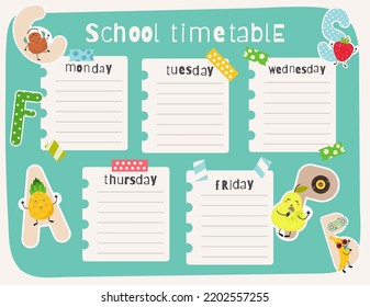 Alphabet Fruits School Timetable, Lesson Schedule Template. Vector Illustration. Week Chart With Coconut, Strawberry, Pineapple, Pear, Banana