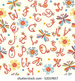 Alphabet funny seamless with flowers and dragonflies