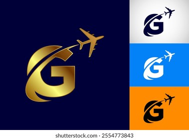 Alphabet G with airplane. Travel icon. Aviation logo sign, Flying symbol. Flight icon in multiple color variation