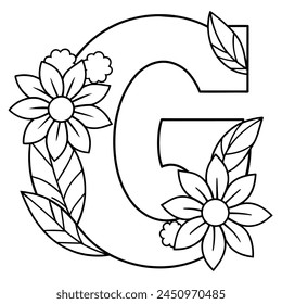Alphabet G coloring page with the flower, G letter digital outline floral coloring page, ABC coloring page