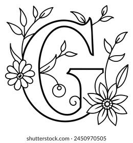 Alphabet G coloring page with the flower, G letter digital outline floral coloring page, ABC coloring page