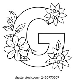 Alphabet G coloring page with the flower, G letter digital outline floral coloring page, ABC coloring page