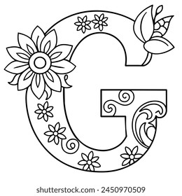 Alphabet G coloring page with the flower, G letter digital outline floral coloring page, ABC coloring page