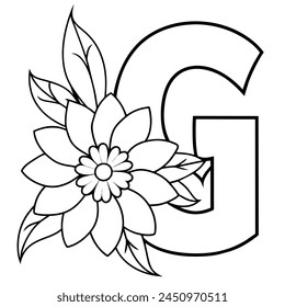 Alphabet G coloring page with the flower, G letter digital outline floral coloring page, ABC coloring page