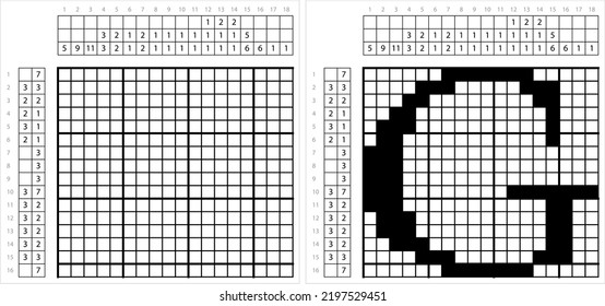 Alphabet G Nonogram Pixel Art, Character G, Language Letter Graphemes Symbol Vector Art Illustration, Logic Puzzle Game Griddlers, Pic-A-Pix, Picture Paint By Numbers, Picross