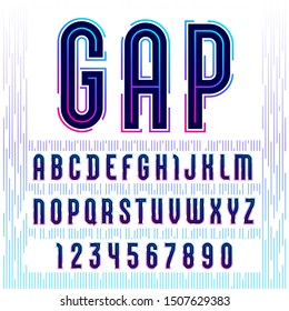 Alphabet and gap  sans serif font  futuristic gradient letters   numbers 