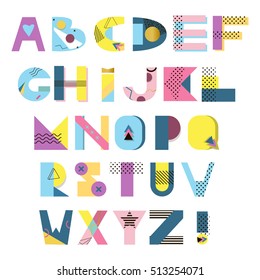 Alphabet geometric funny font. Vector font abstract alphabet. Colorful type letters 80s - 90s style. Letters graphic trendy birthday holidays greeting. Abc memphis style alphabet creative typography.