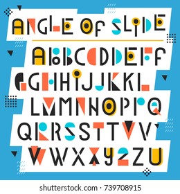 Alphabet with geometric shapes. Pop art vintage style vector alphabet set. Letters for design in memphis retro style.