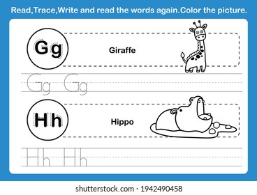 Alphabet G-H exercise with cartoon vocabulary for coloring book illustration, vector