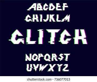 Alphabet Glitch.Vector distorted glitch font. Trendy style lettering typeface. Latin letters Glitch typeface. Green and red channels. Trendy style distorted vector illustration