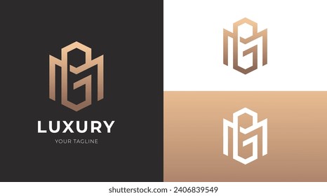 Alphabet GM oder MG Luxus-Anfangsbuchstaben und Hexagon-Logo-Vorlage. Vektorgrafik
