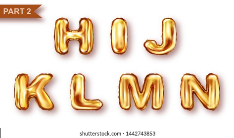 Alphabet golden balloons realistic vector. Inflatable golden letters of metal foil for childrens parties, shining font isolated on white background, part 2