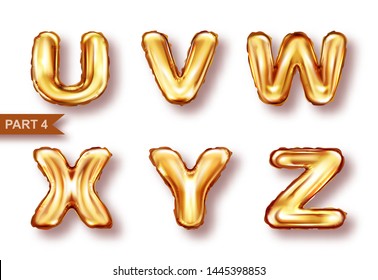 Alphabet golden balloons realistic vector. Inflatable golden letters of metal foil for childrens parties, shining font isolated on white background, part 4