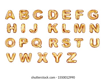 Alphabet golden balloons realistic vector. Inflatable abc letters of gold metal foil for childrens parties, birthday celebrate, shining font type set isolated on white background