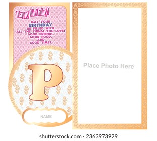 Alphabet in golden color and background is white in golden floral golden photo frame and birthday wish with cloud space for personal name