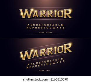 Alphabet Golden Metallic And Effect Designs For Logo, Poster, Invitation. Exclusive Warrior Gold Letters Typography Regular Font Digital And Sport Concept. Vector Illustration