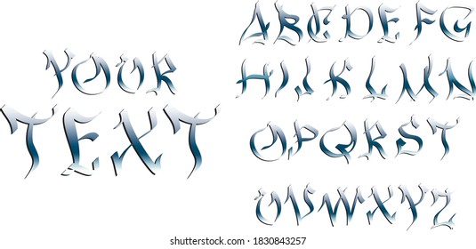 Alphabet in the Gothic style. Vector. Letters and symbols on a white background. Calligraphy with black marker. Medieval Latin letters. Elegant font for tattoos.
