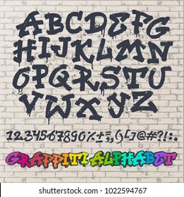 Alphabet graffiti vector alphabetical font ABC by brush stroke graffity font with letters and numbers or grunge alphabetic typography illustration isolated on brick wall background