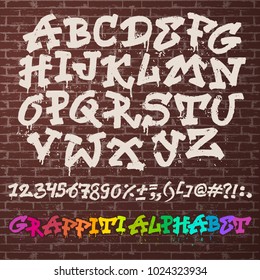 Alphabet graffiti vector alphabetical font ABC by brush stroke graffity font with letters and numbers or grunge alphabetic typography illustration isolated on brick wall background